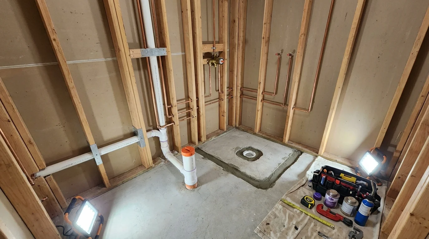 Bathroom rough-in plumbing during remodel by Johns Plumbing LLC in Scottsville