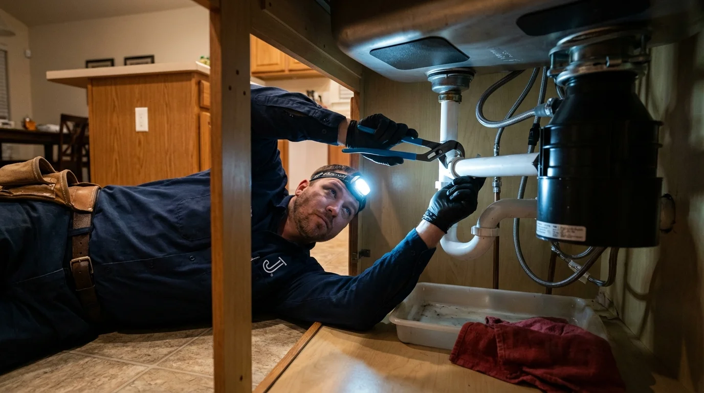 P-trap and supply line connections under a kitchen sink showing a common leak point in Scottsville, KY